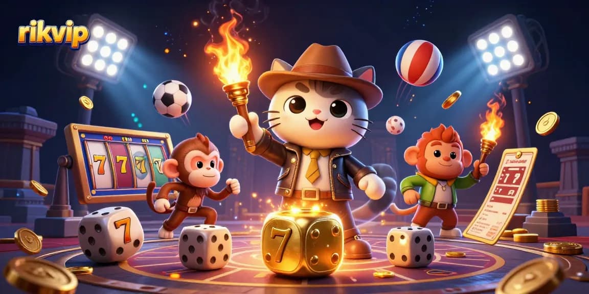 Experience thrilling gameplay with rikvip's dynamic slots and sports elements illustrated by an adventurous archaeologist cat.