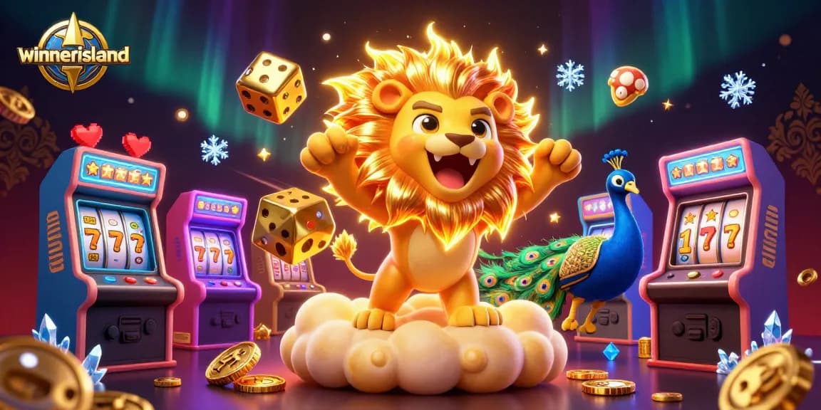 Experience the thrill of winning with winnerisland’s vibrant casino scene featuring a roaring lion and golden dice.