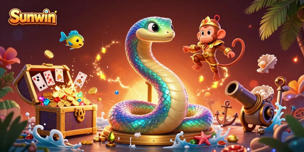 Experience the excitement of Sunwin with vibrant scenes of gaming, treasure, and adventure.
