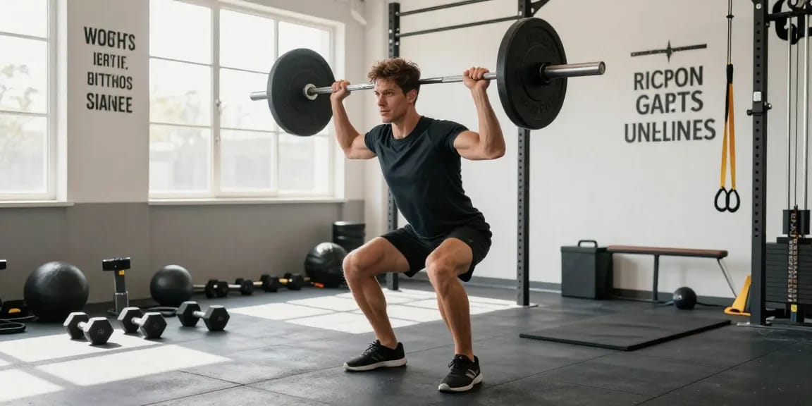 Fitness enthousiast aan het trainen met gewichten in Unique Pharma Steroïden Winkel, energieke gymomgeving met sportuitrusting en motiverende quotes.