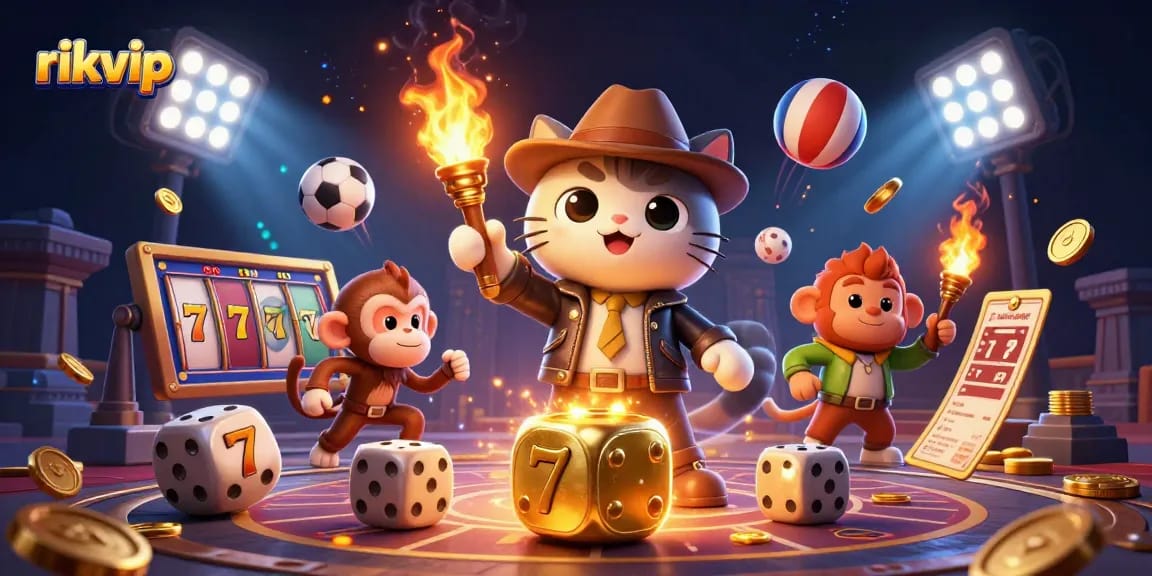 Experience thrilling gameplay with rikvip's dynamic slots and sports elements illustrated by an adventurous archaeologist cat.