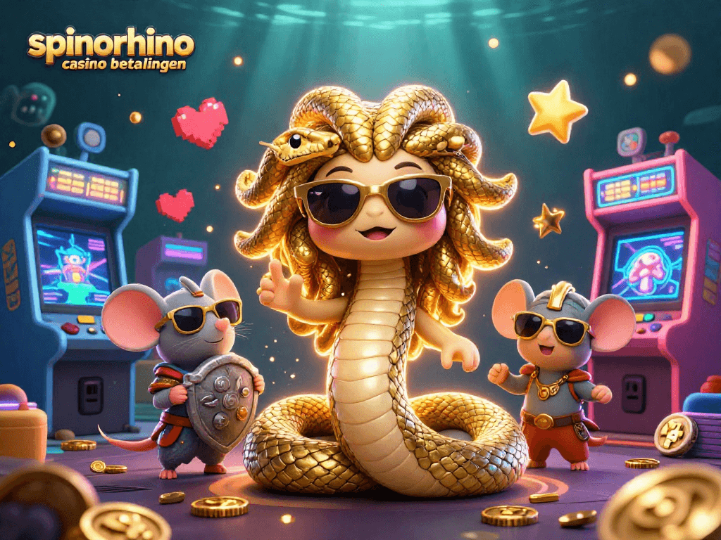 Interact met het spinorhino casino betalingen terwijl kleurrijke spelcontroller en gouden munten in beeld zijn.