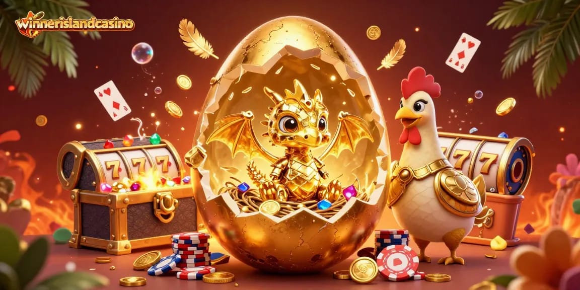 Win big at winnerislandcasino with a dazzling scene of golden treasures and playful dragons.