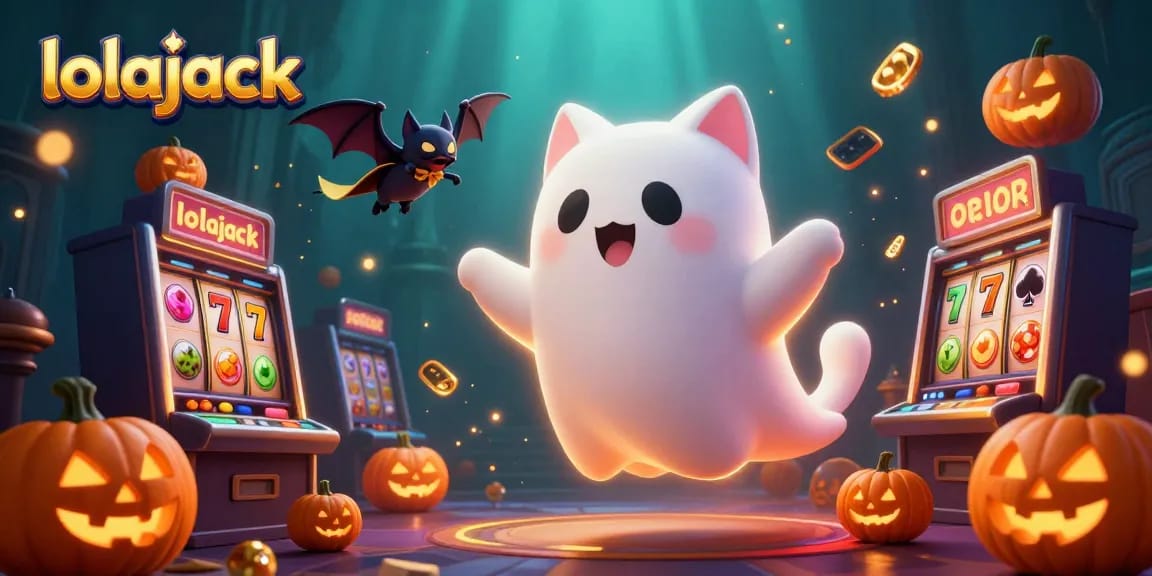 Experience the thrill of lolajack with a ghost cat and vampire bat in a slot-filled haunted casino.