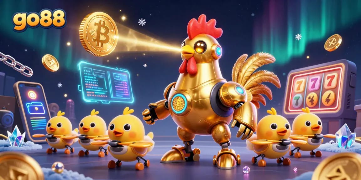 Experience the excitement of go88 with this vibrant 3D casino illustration featuring a golden rooster robot amidst dynamic gaming elements.