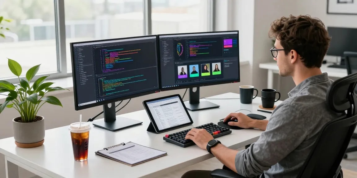 Download Telegram in a modern workspace with a developer coding and tech gadgets around.