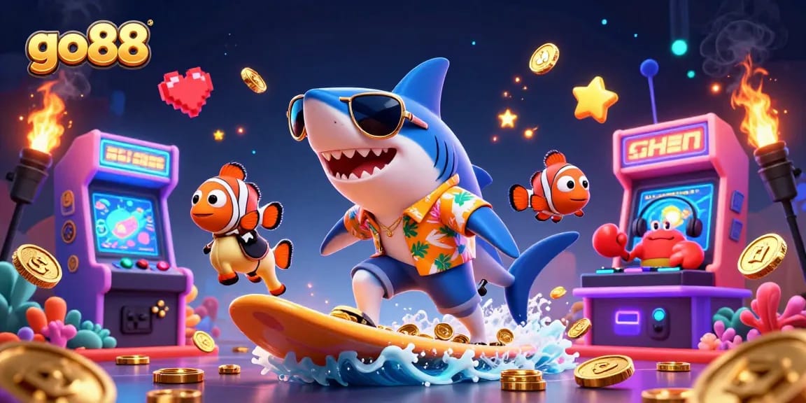 Experience thrilling gaming action with go88's vibrant casino adventure featuring a shark, clownfish, and crab DJ.