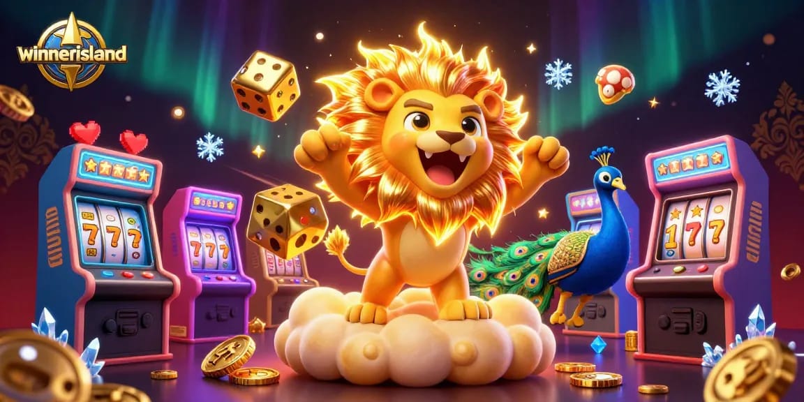 Experience the thrill of winning with winnerisland’s vibrant casino scene featuring a roaring lion and golden dice.