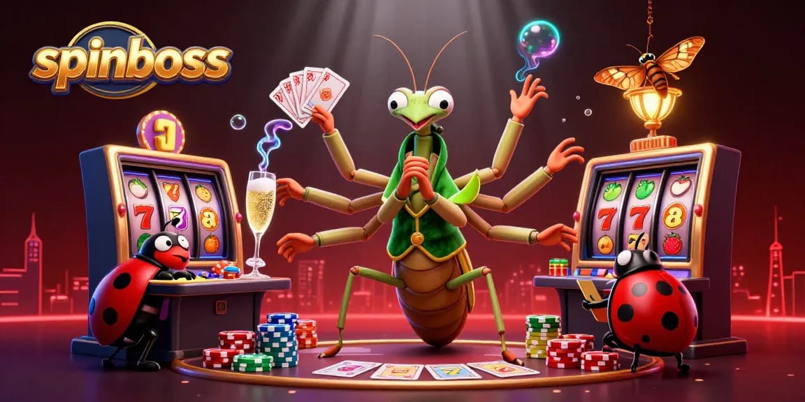 Experience thrilling gameplay at SpinBoss with a vibrant 3D illustration of a mantis dealer and ladybug pit boss.