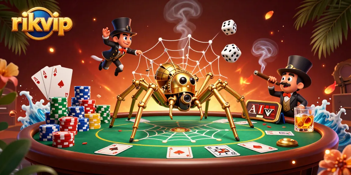 Experience exciting gameplay with rikvip as a steampunk spider weaves gold chains and poker chips.