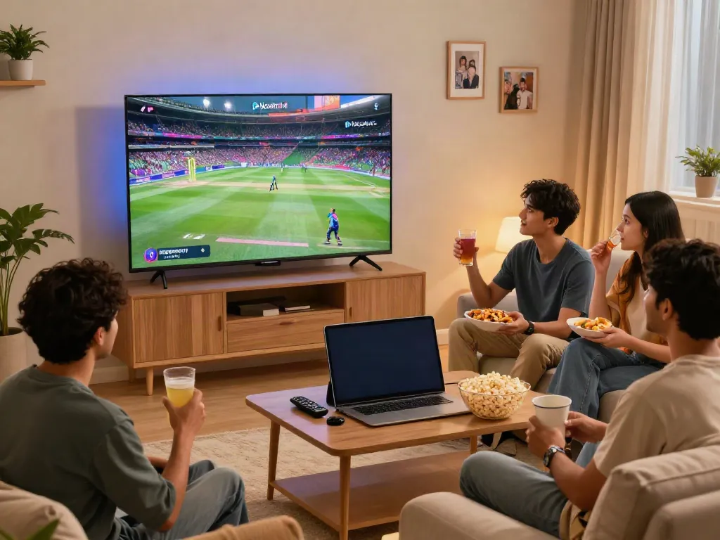Enjoying the Pikashow Latest Version while streaming IPL cricket with friends in a cozy living room.
