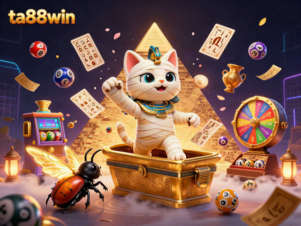 Win big at ta88win with a vibrant scene of a cartoon mummy cat emerging from a casino sarcophagus.