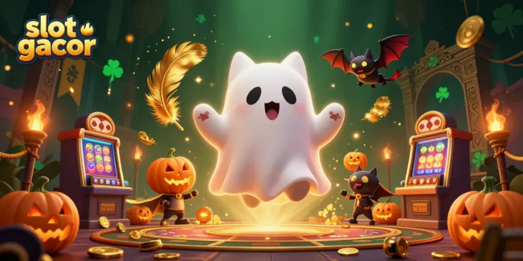 Engage with slot gacor excitement featuring a ghost cat in a haunted casino with glowing poker jack-o-lanterns.