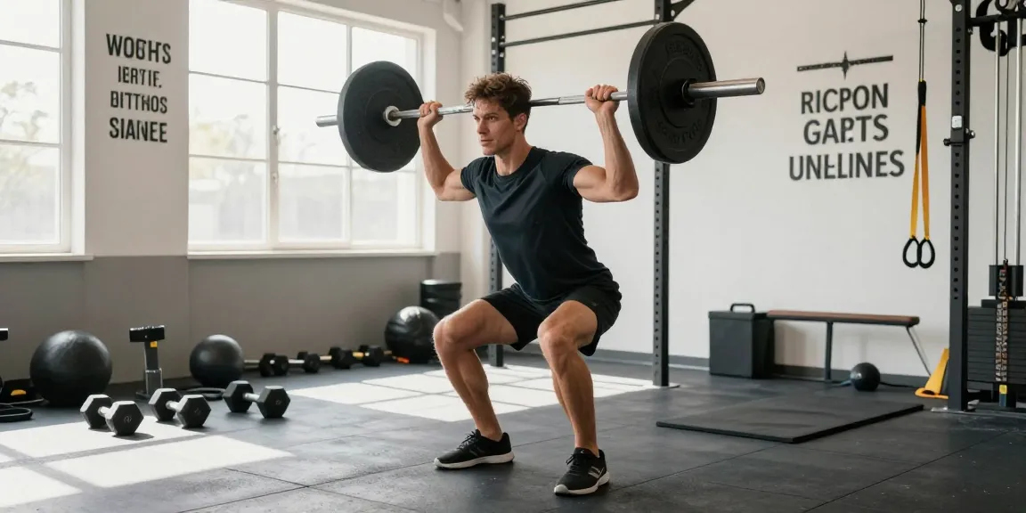 Fitness enthousiast aan het trainen met gewichten in Unique Pharma Steroïden Winkel, energieke gymomgeving met sportuitrusting en motiverende quotes.
