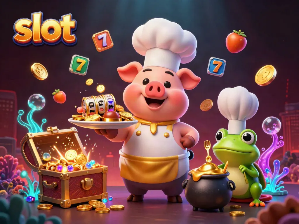 Engaging slot scene featuring a chef pig, sous-chef mouse, and critic frog amidst gold coins and jackpot symbols.