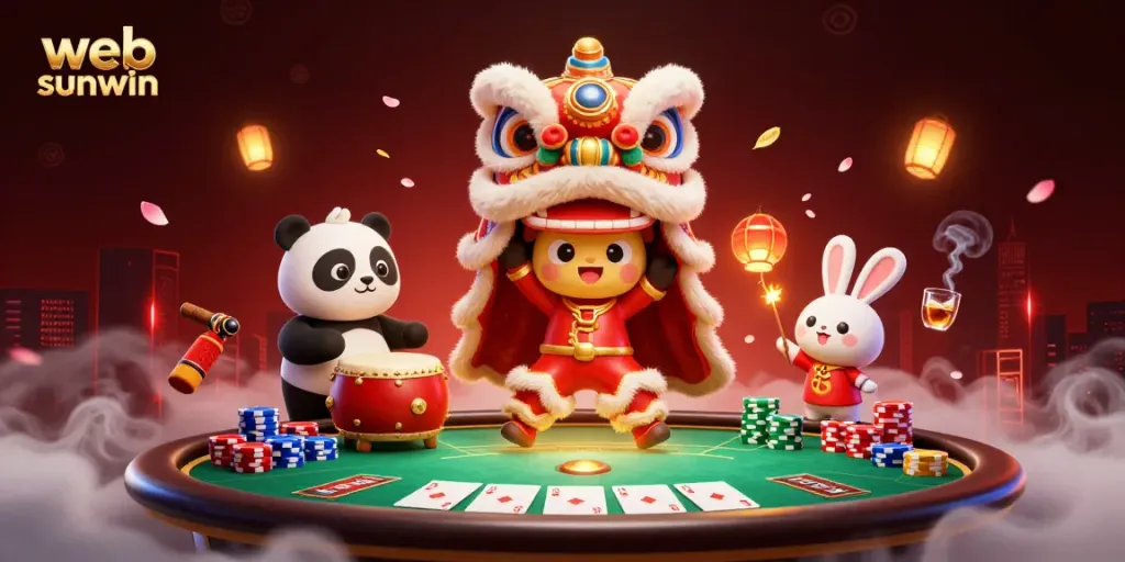 Engage with web sunwin in this vibrant 3D scene featuring a lion dance, poker elements, and festive decorations.