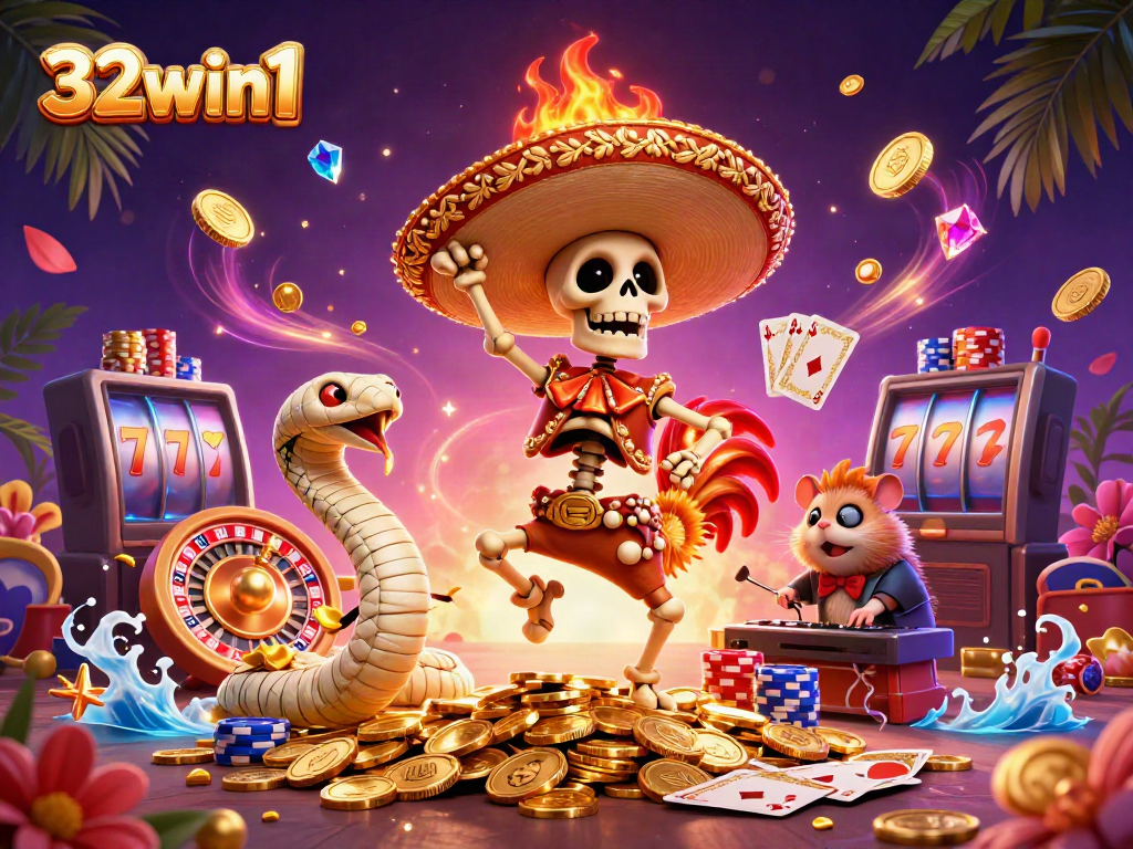Experience the excitement of 32win1 with vibrant 3D casino characters and golden winnings.