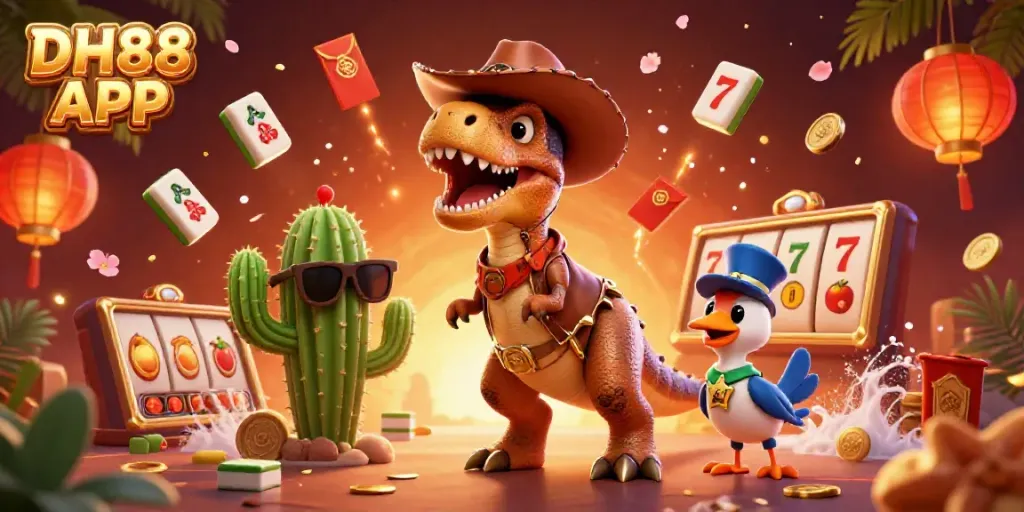 Win big with the DH88 APP in this vibrant 3D casino scene featuring fun characters and exciting symbols.