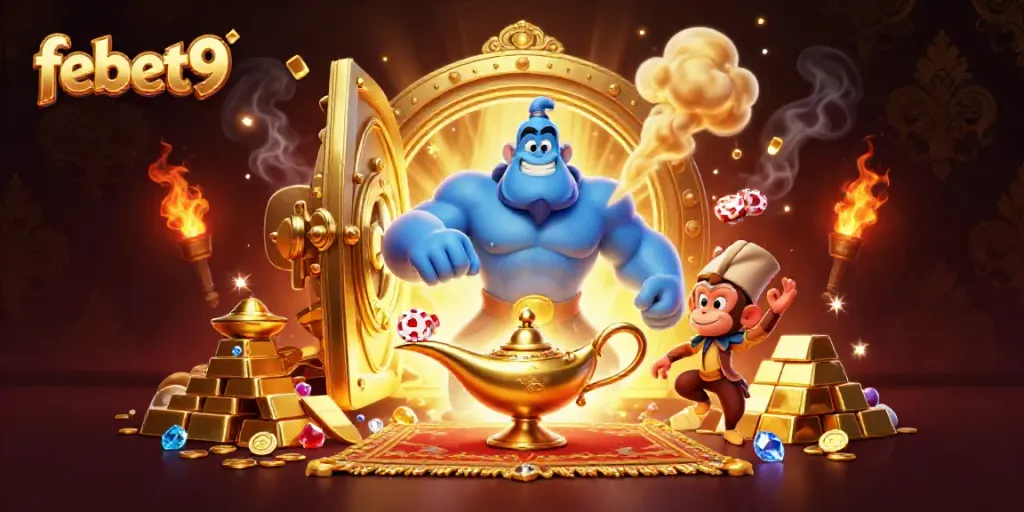 Experience excitement at febet9 with this dynamic 3D illustration showcasing casino-themed treasures and a genie.