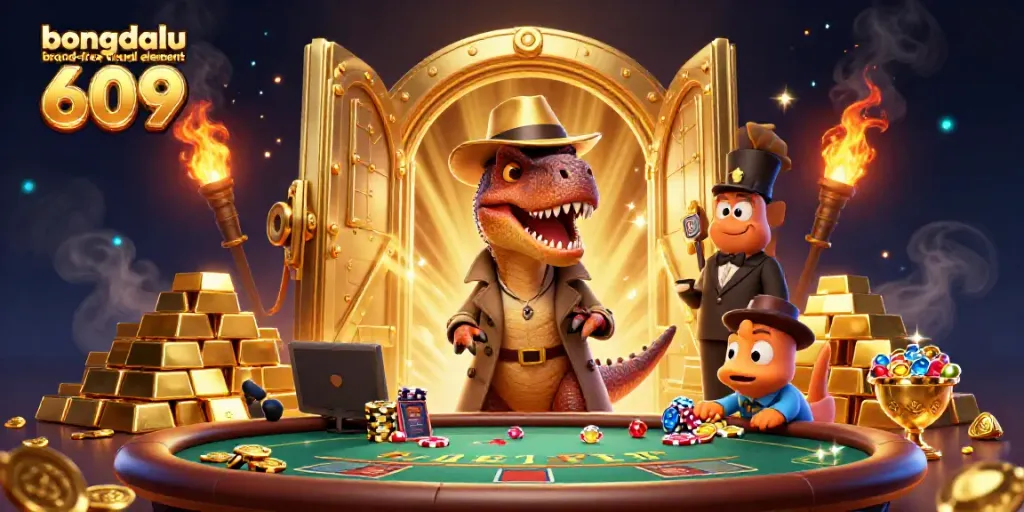 Experience the exciting world of gambling with bongdalu logo 609, showcasing a stealthy velociraptor and vibrant casino elements.