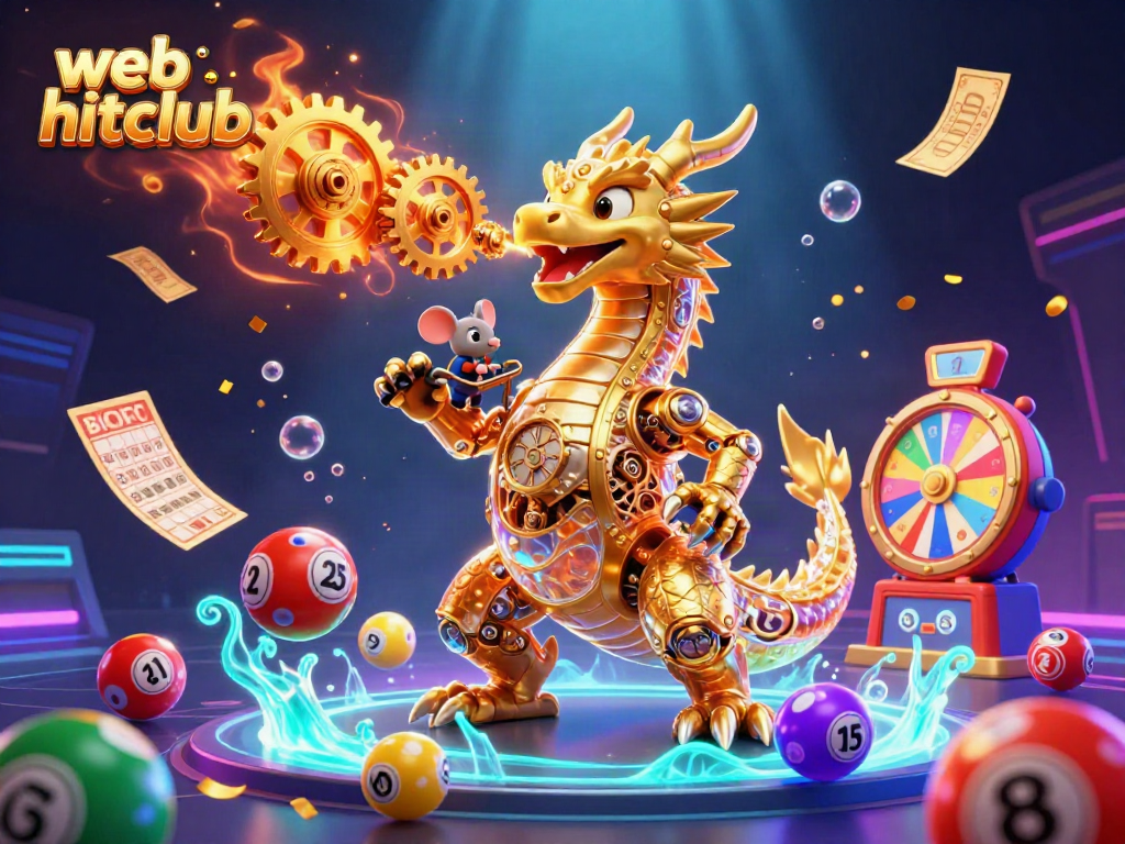 Experience thrilling wins with the vibrant scene of web hitclub showcasing colorful lottery elements and a mechanical dragon.