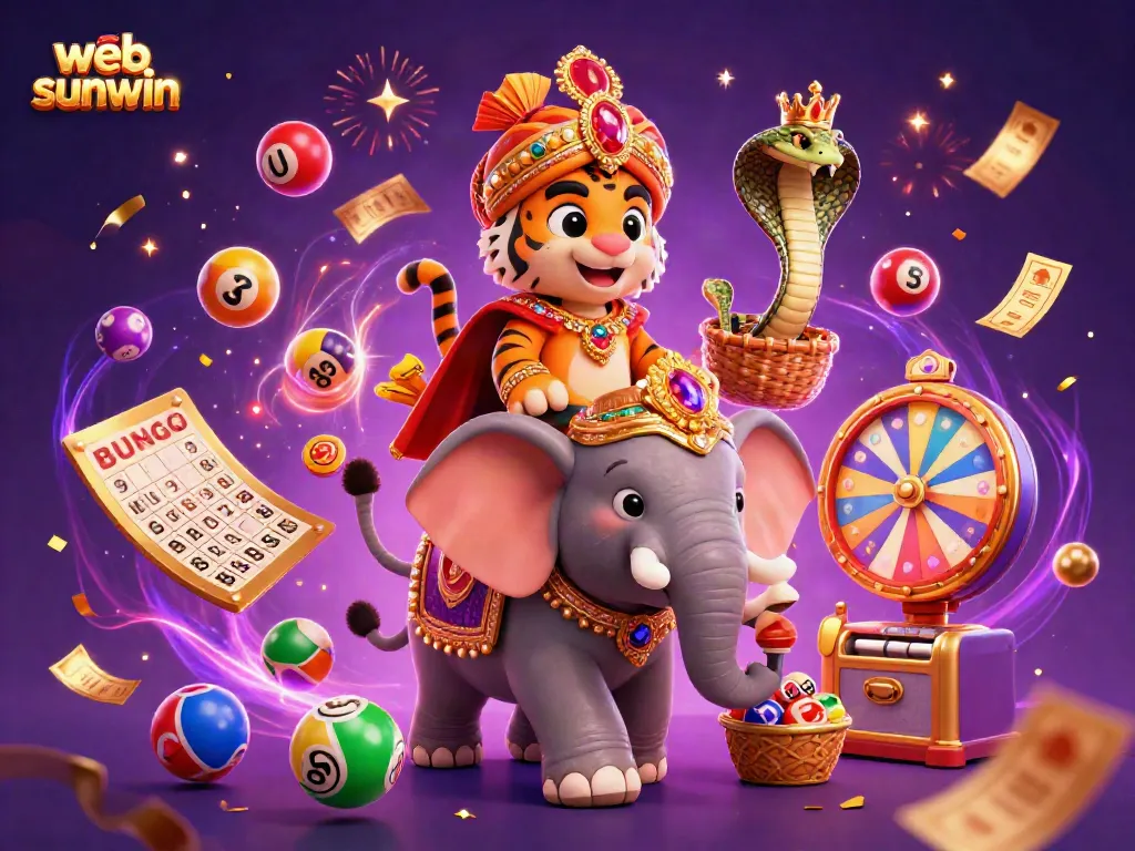Experience the excitement of web sunwin through a vibrant 3D illustration of gaming elements and characters.