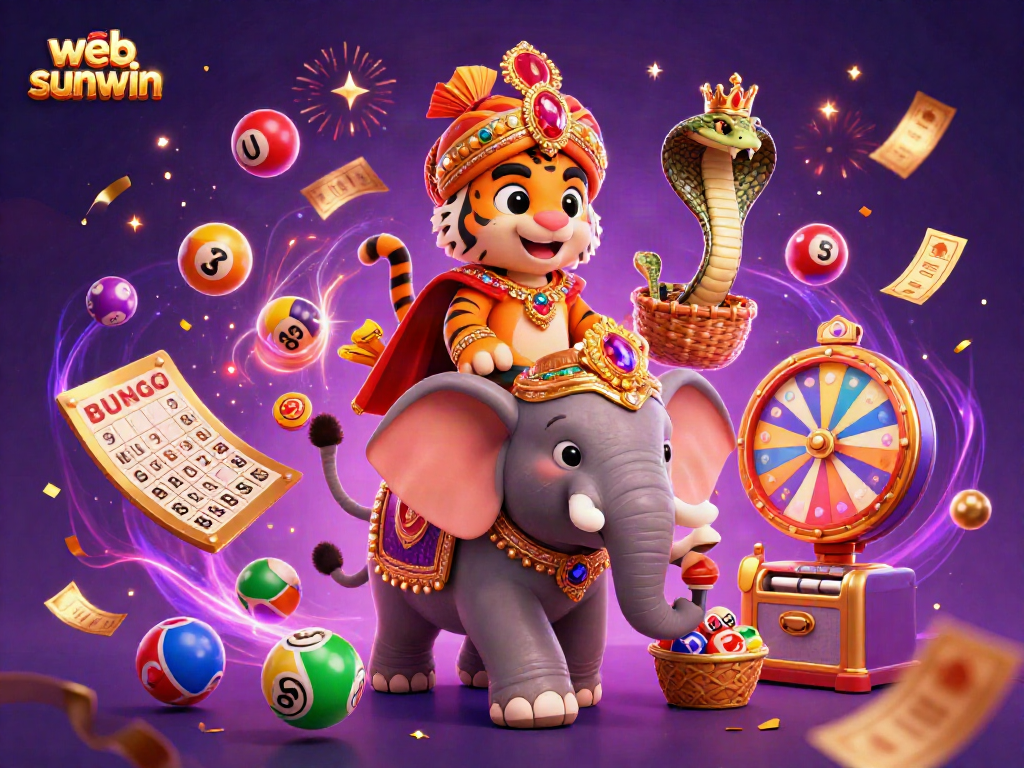 Experience the excitement of web sunwin through a vibrant 3D illustration of gaming elements and characters.