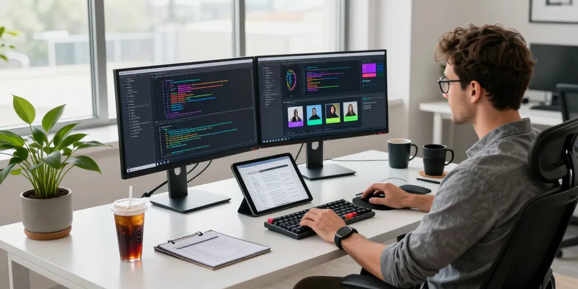 Download Telegram in a modern workspace with a developer coding and tech gadgets around.