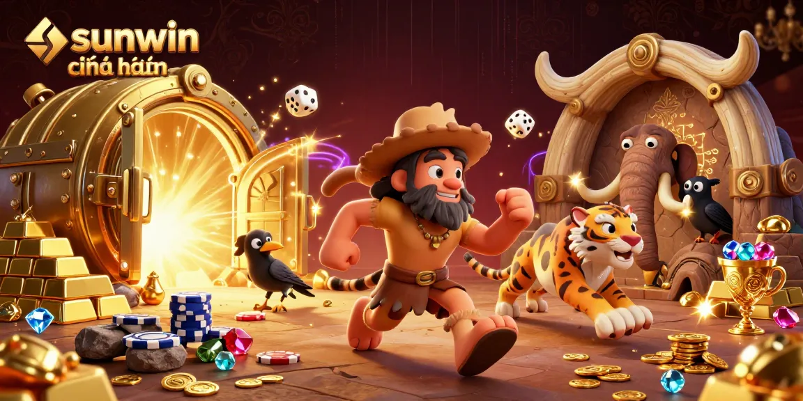 Experience the thrills of sunwin chính hãng with a 3D casino scene featuring dynamic characters and gold treasures.