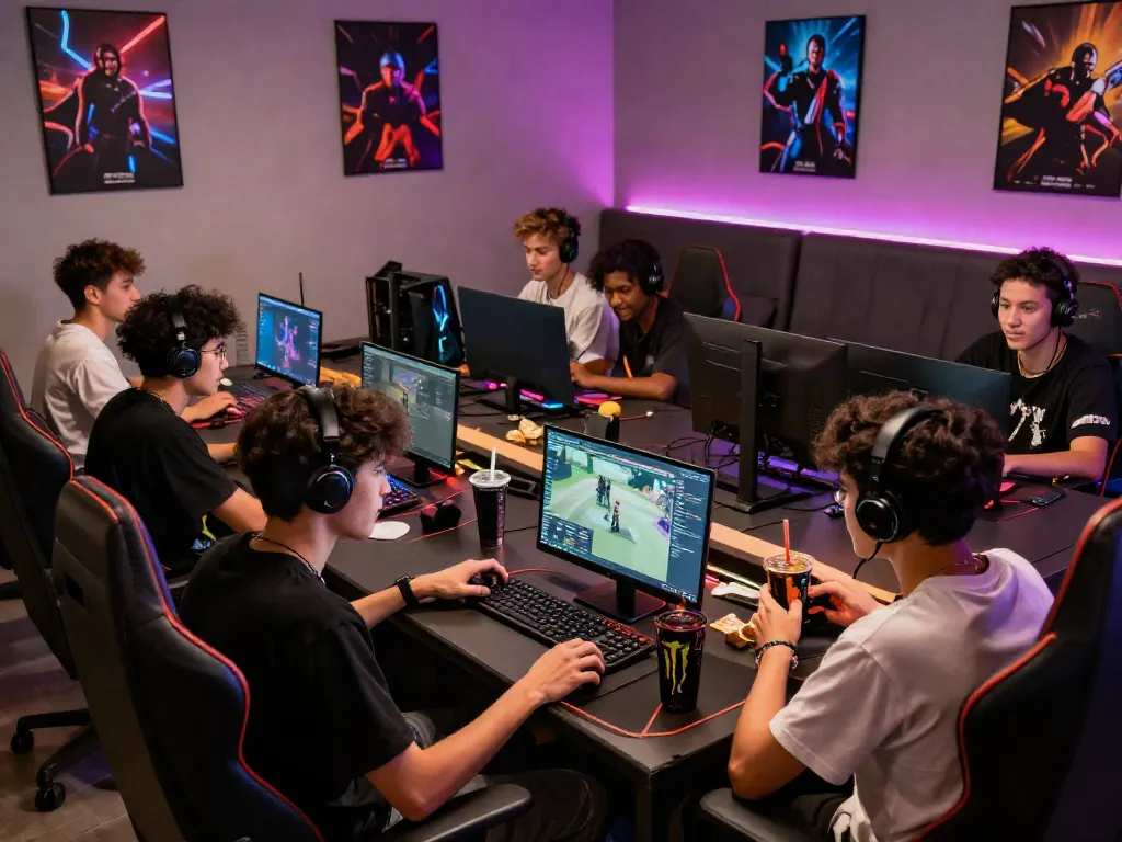 Group of gamers immersed in an exciting gaming session at https://manclub1.jp.net/, surrounded by high-performance tech and vibrant atmosphere.
