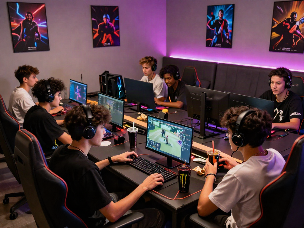 Group of gamers immersed in an exciting gaming session at https://manclub1.jp.net/, surrounded by high-performance tech and vibrant atmosphere.