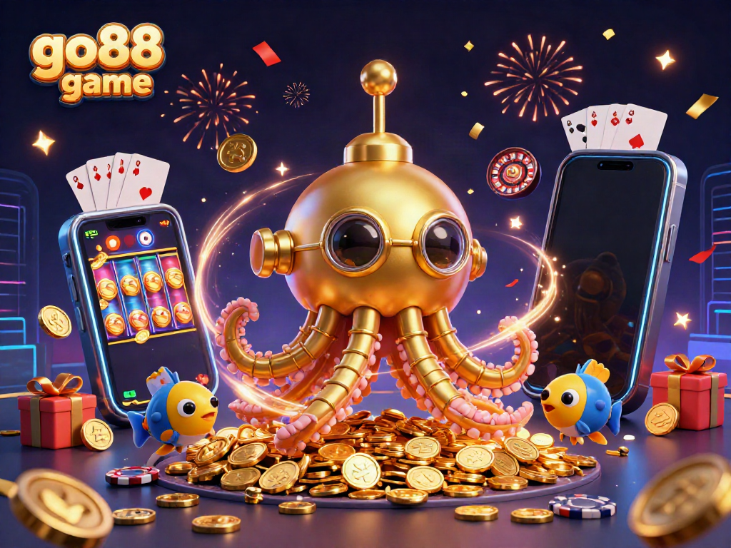 Engage in thrilling adventures with go88 game, featuring a golden kraken submarine amidst colorful slot games and festive elements.